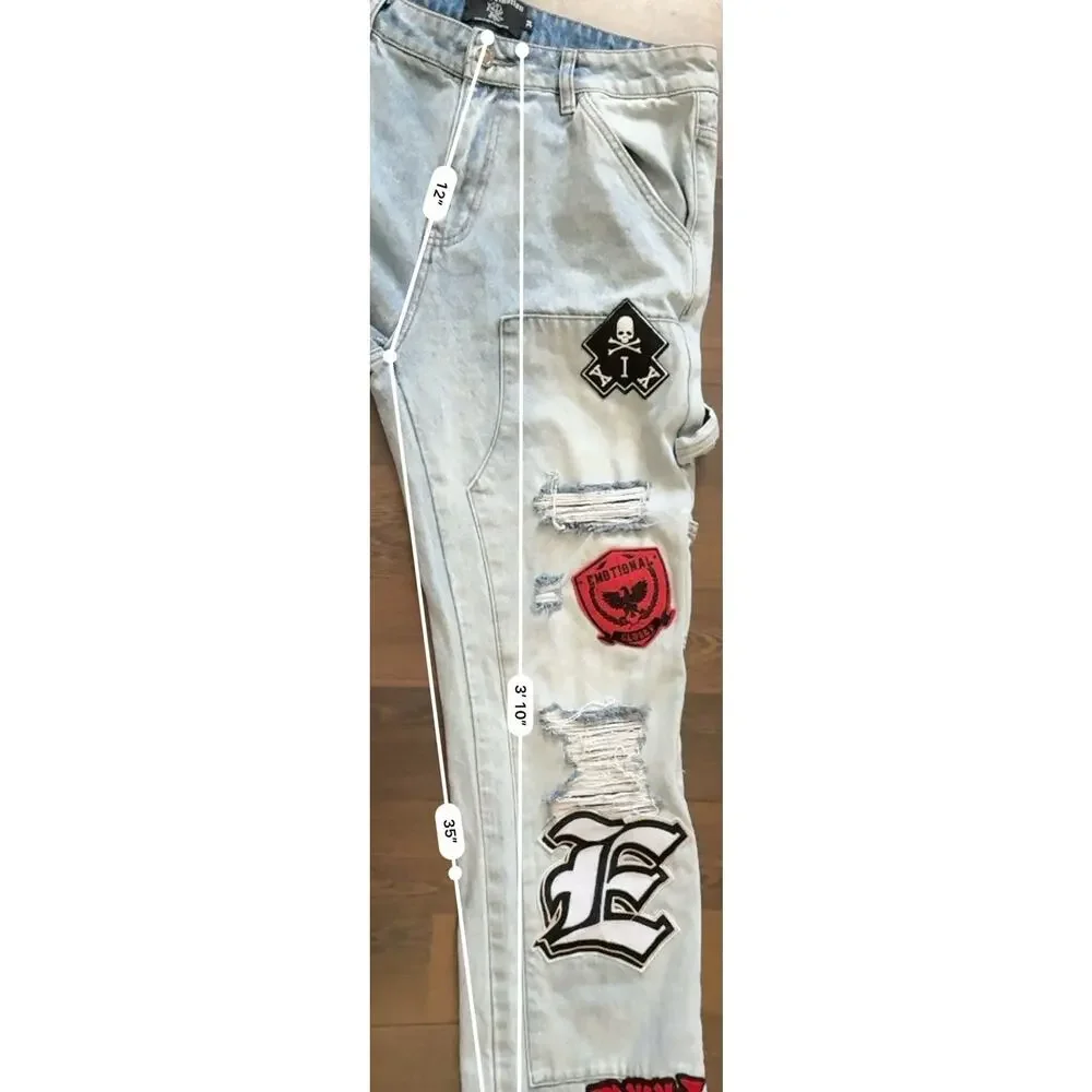 Mixed Emotion “Worker” Jeans Patchwork Graphic Light Wash Streetwear Denim 34/35